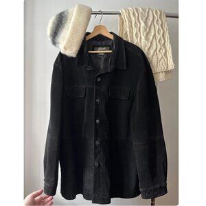 1990s Oversized Black Suede Jacket with Pockets | Vintage Minimal Leather Coat